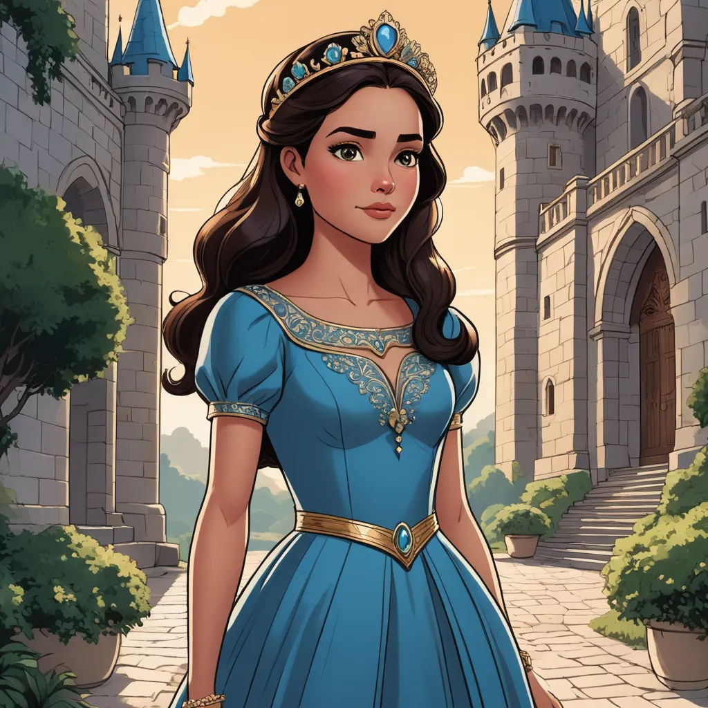 a cartoon of a woman in a blue dress standing in front of a castle with a clock tower in the background, fantasy art, a character portrait, disney, kinkade
