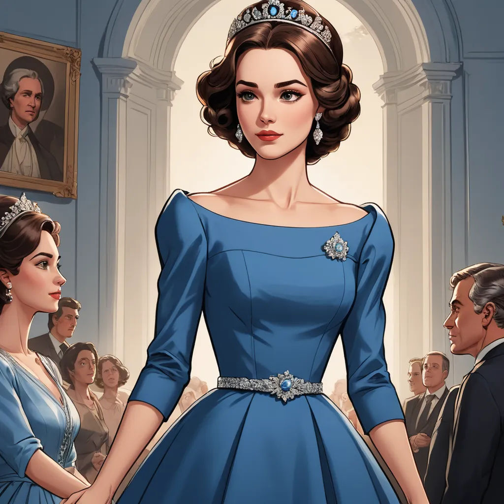 a woman in a blue dress standing in front of a group of people in a room with portraits on the wall, sots art, a comic book panel, Charlie Bowater, official art