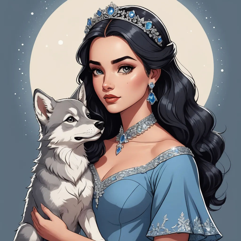 a woman in a blue dress holding a wolf in her arms with a full moon behind her and a wolf in her lap, fantasy art, a character portrait, Charlie Bowater, deviantart artstation