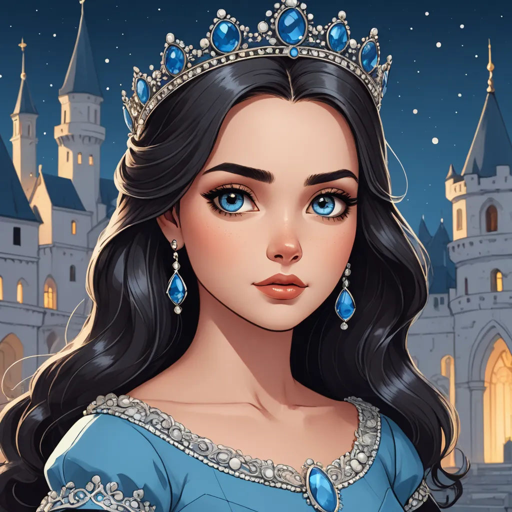 a cartoon of a woman wearing a tiara and blue dress in front of a castle at night with stars, fantasy art, a character portrait, Altoon Sultan, kinkade