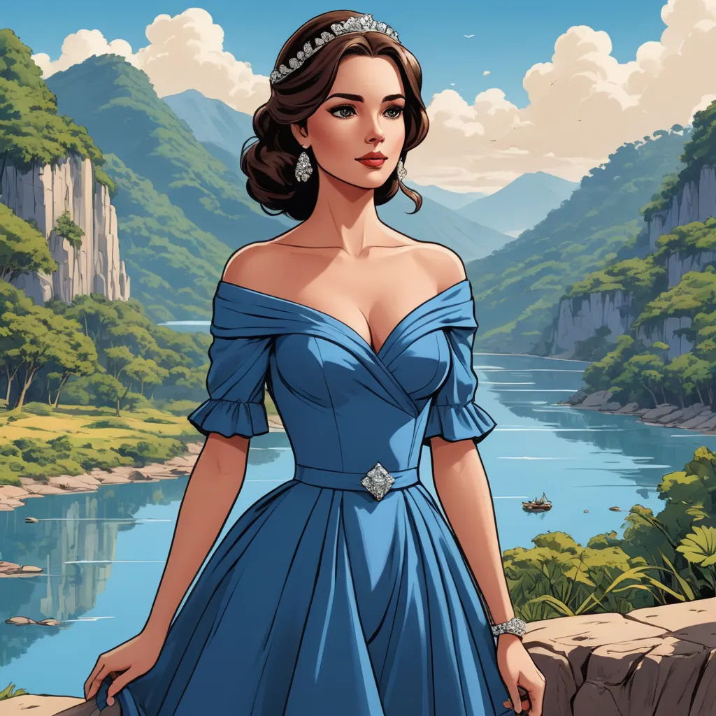 a woman in a blue dress standing in front of a mountain lake and a lake with a boat in it, fantasy art, a character portrait, Edwin Georgi, comic cover art