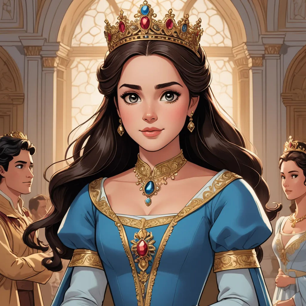 a cartoon of a woman in a blue dress with a crown on her head and other people around her, sots art, a storybook illustration, disney, kinkade