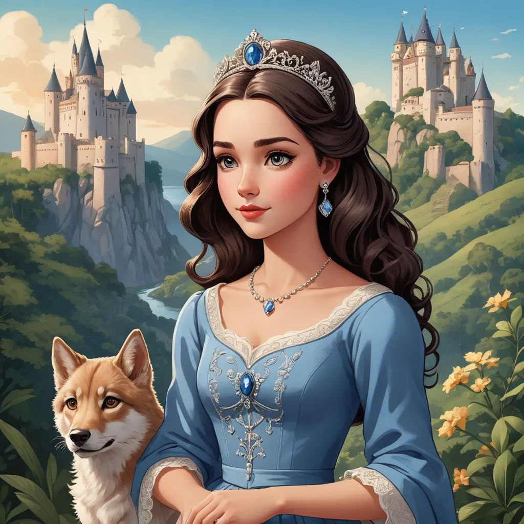 a painting of a woman in a blue dress with a dog in front of a castle with a fox, fantasy art, a character portrait, Anne Stokes, kinkade