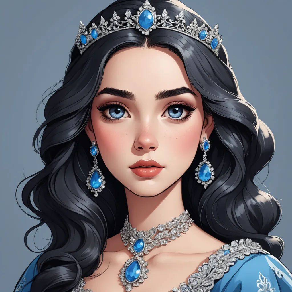 a woman with long hair wearing a tiara and blue dress with a diamond necklace and earrings on her head, fantasy art, a detailed painting, Charlie Bowater, highly detailed digital painting