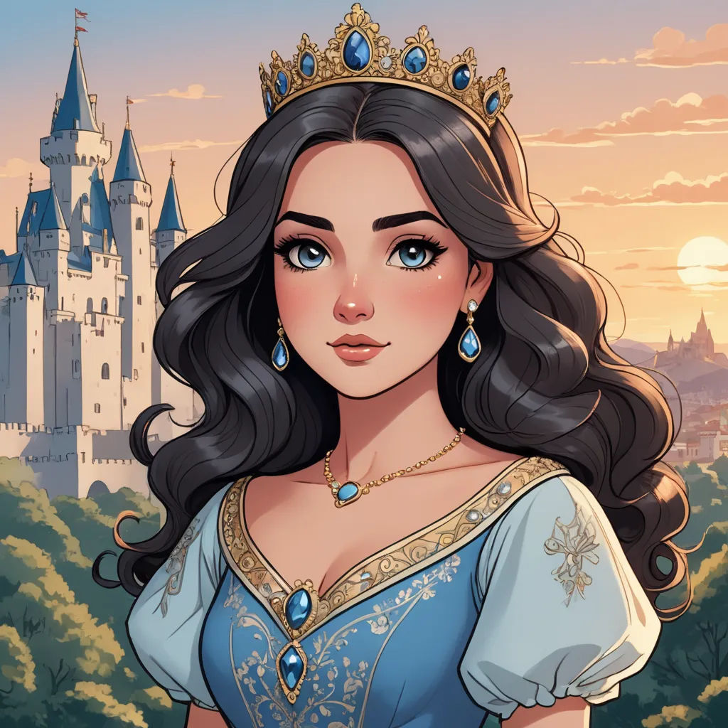 a cartoon of a woman in a blue dress with a castle in the background and a sky in the background, fantasy art, a character portrait, disney, kinkade