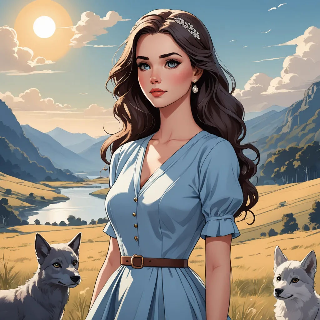a woman in a blue dress standing next to two dogs in a field with mountains in the background and a sun in the sky, fantasy art, a character portrait, Evaline Ness, character portrait