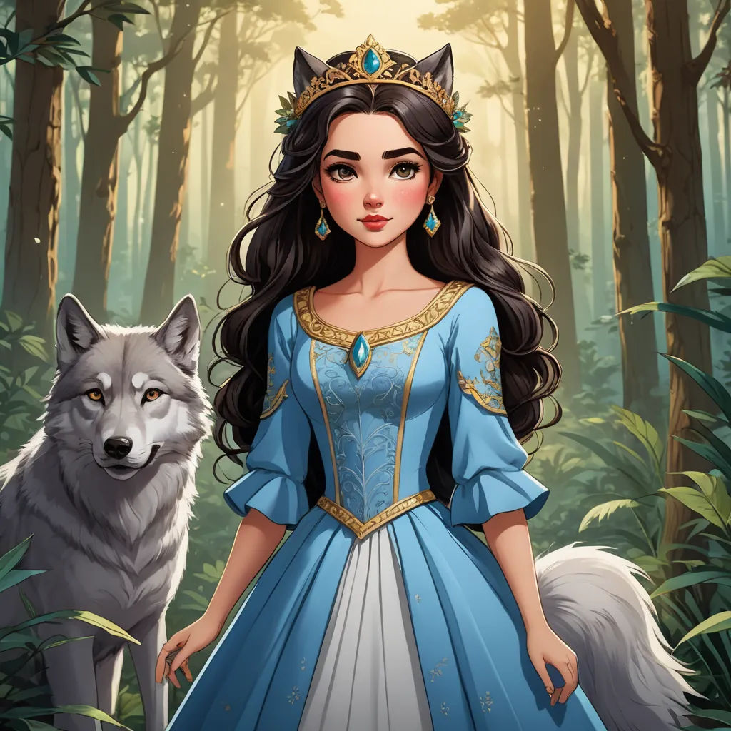 a woman in a blue dress standing next to a wolf in a forest with trees and bushes behind her, furry art, a character portrait, Anne Stokes, fantasy style