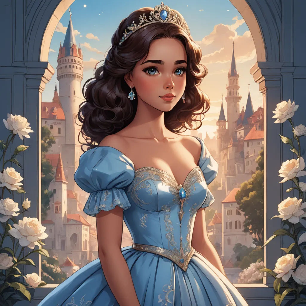 a beautiful young lady in a blue dress standing in front of a castle window with a castle in the background, fantasy art, a character portrait, Anne Stokes, kinkade