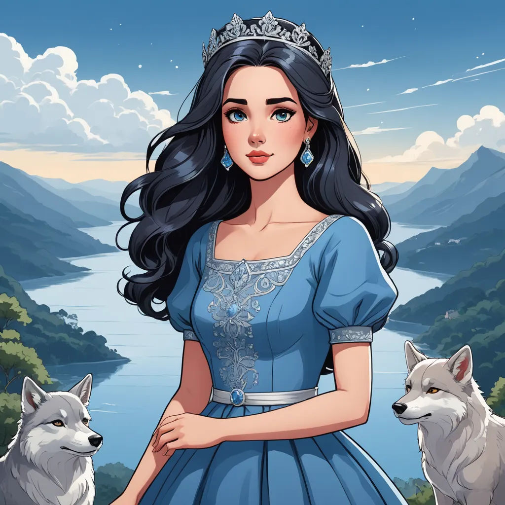 a woman in a blue dress standing next to two wolfs and a lake with mountains in the background, sots art, a character portrait, Evaline Ness, character portrait