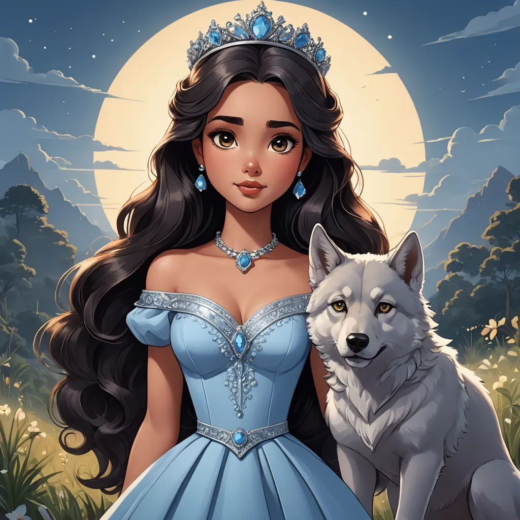a woman in a blue dress standing next to a wolf in a field with a full moon in the background, fantasy art, a character portrait, disney, kinkade