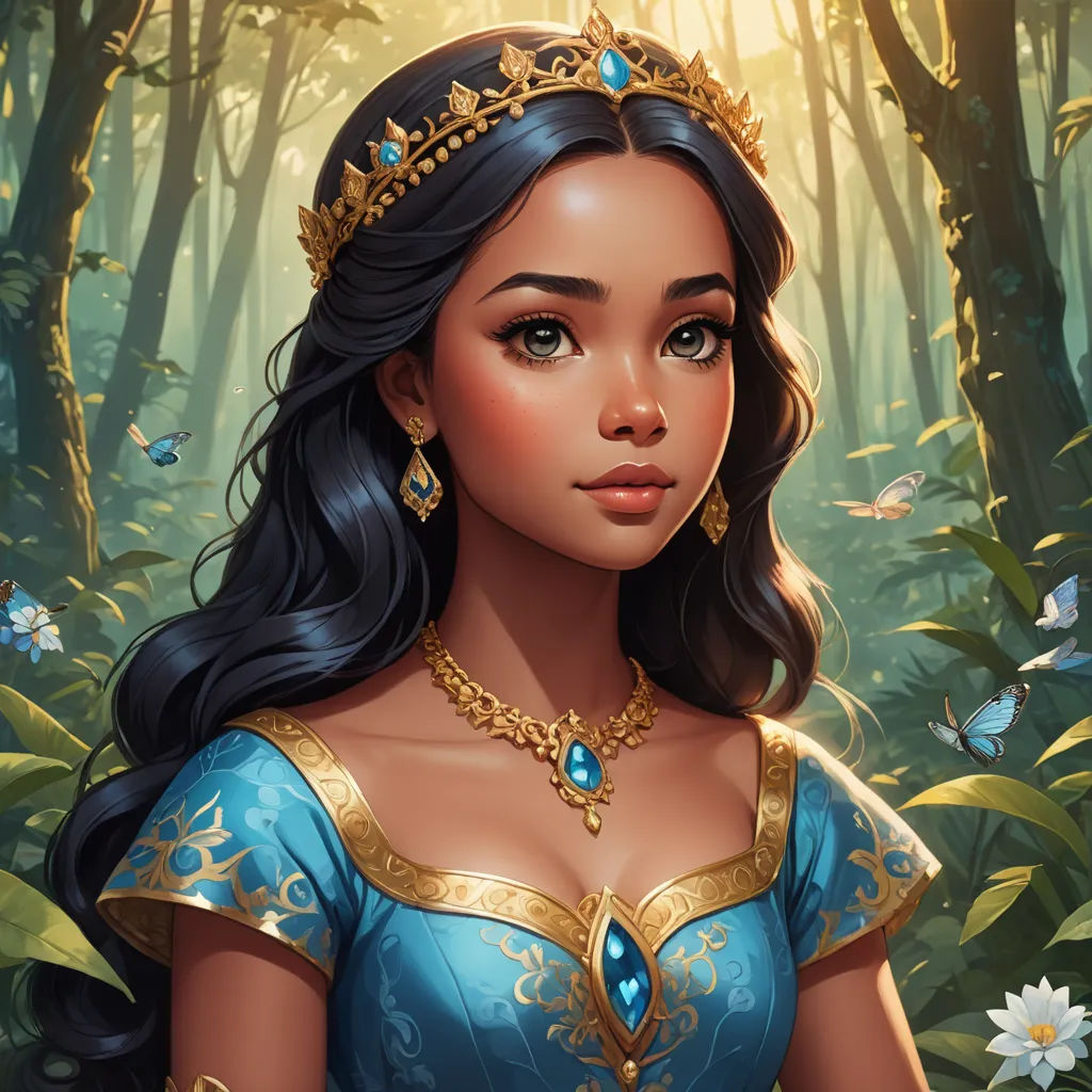 a beautiful young woman in a blue dress in a forest with butterflies around her head and a tiara on her head, fantasy art, a detailed painting, Charlie Bowater, kinkade