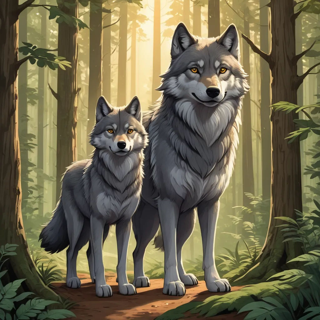 two wolfs standing in the middle of a forest with sunlight shining through the trees and leaves on the ground, furry art, a storybook illustration, Brothers Hildebrandt, official art