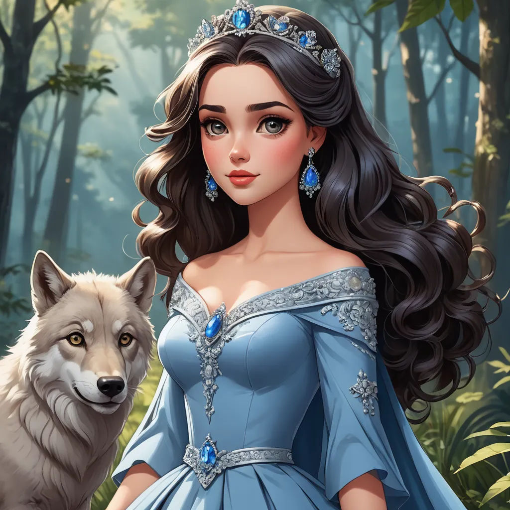 a woman in a blue dress standing next to a wolf in a forest with trees and bushes behind her, fantasy art, a character portrait, Anne Stokes, fantasy style