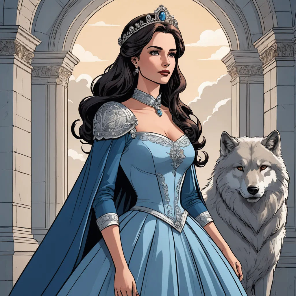 a woman in a blue dress standing next to a wolf in a castle doorway with a doorway leading into the palace, fantasy art, a storybook illustration, Anne Stokes, comic cover art