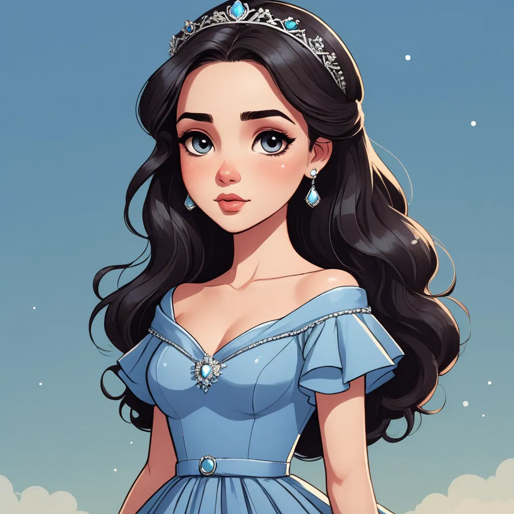 a cartoon of a woman in a blue dress with a tiara on her head and a sky background, fantasy art, a character portrait, disney, kinkade