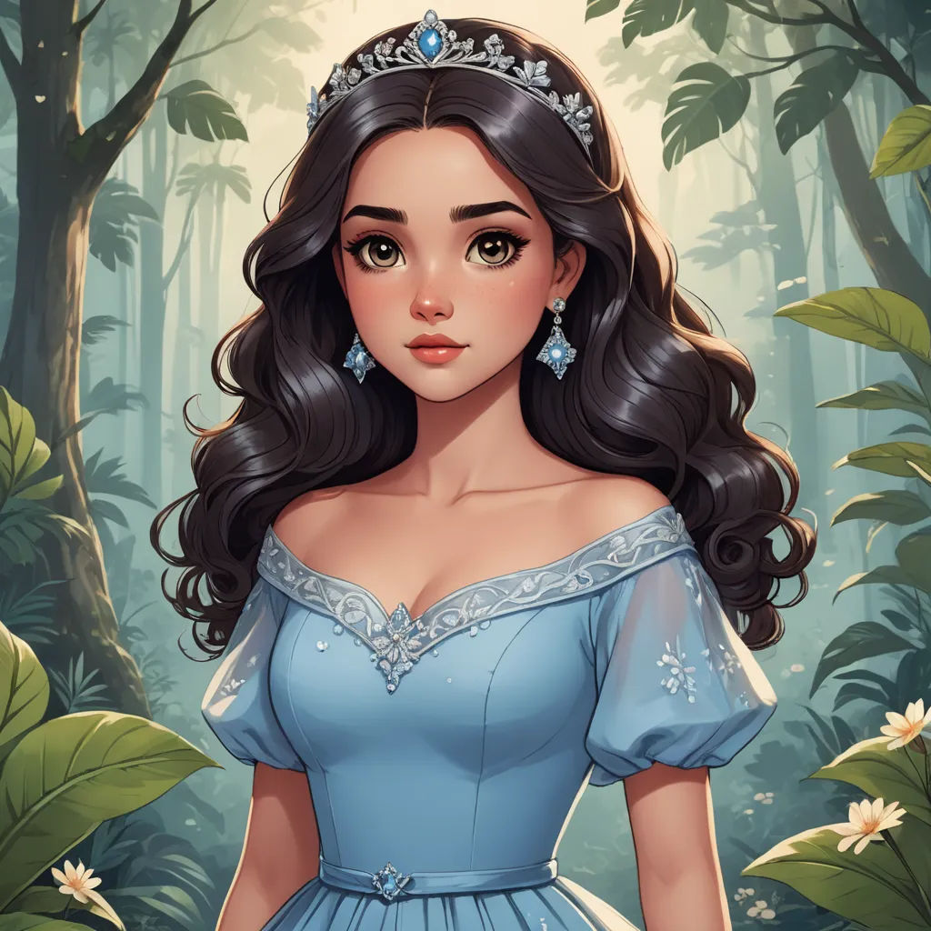 a girl in a blue dress standing in a forest with flowers and trees behind her, wearing a tiara, fantasy art, a character portrait, disney, kinkade