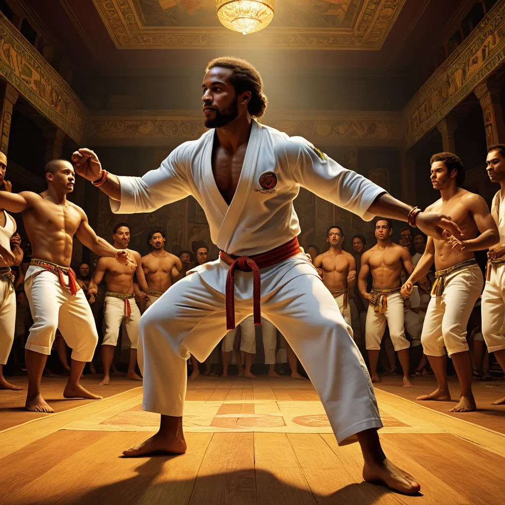 a man in a white outfit is doing a karate pose in front of a group of men in white, black arts movement, a poster, Altoon Sultan, promotional image