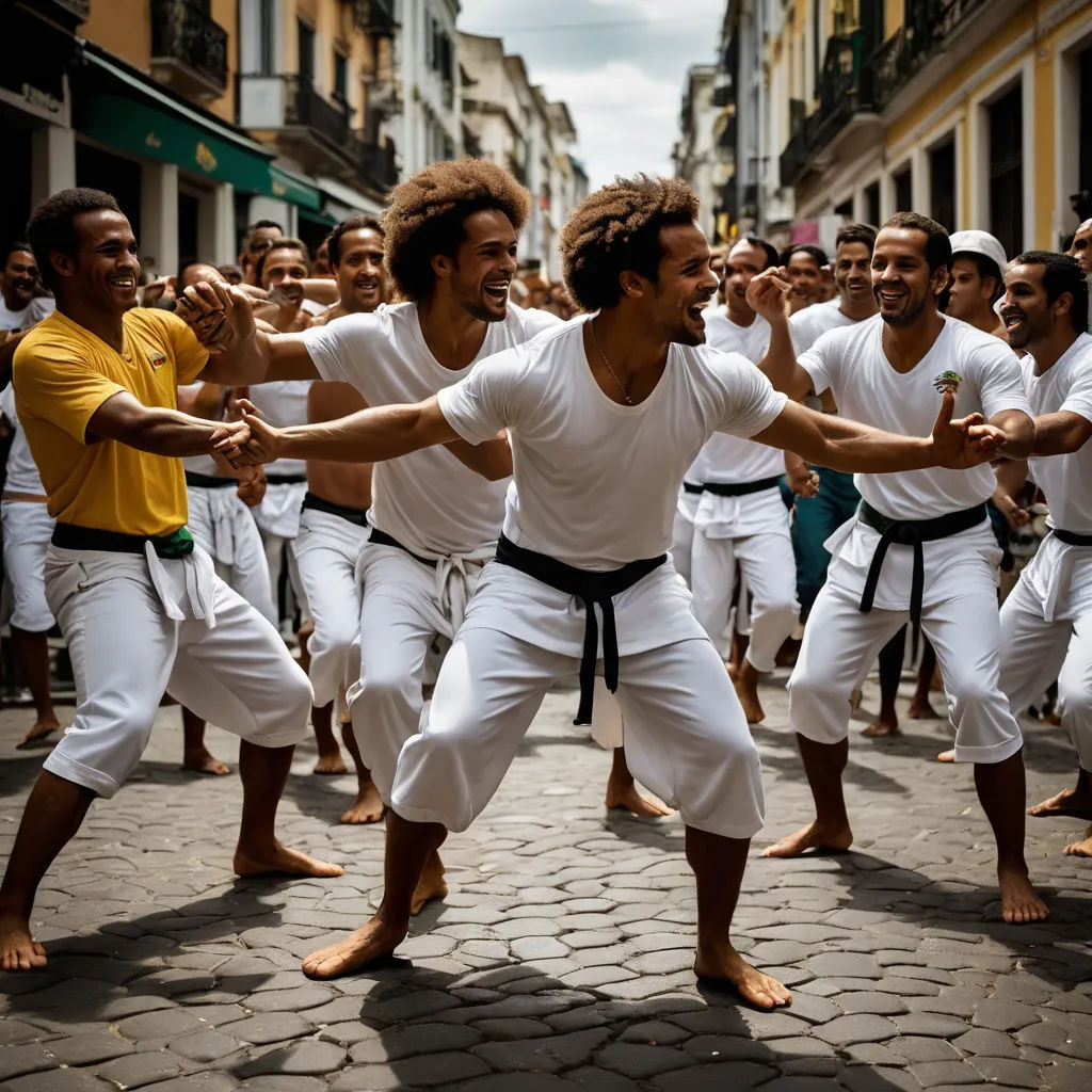 a group of men in white shirts and white pants dancing on a street with other men in yellow shirts, kitsch movement, a photo, Fabien Charuau, dynamic pose