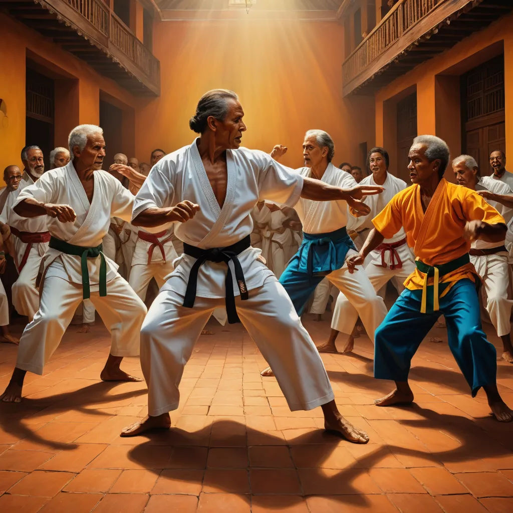 a group of men in white and yellow outfits doing karate moves in a room with other men in orange and white outfits, figurative art, a photorealistic painting, Christophe Vacher, highly detailed digital painting