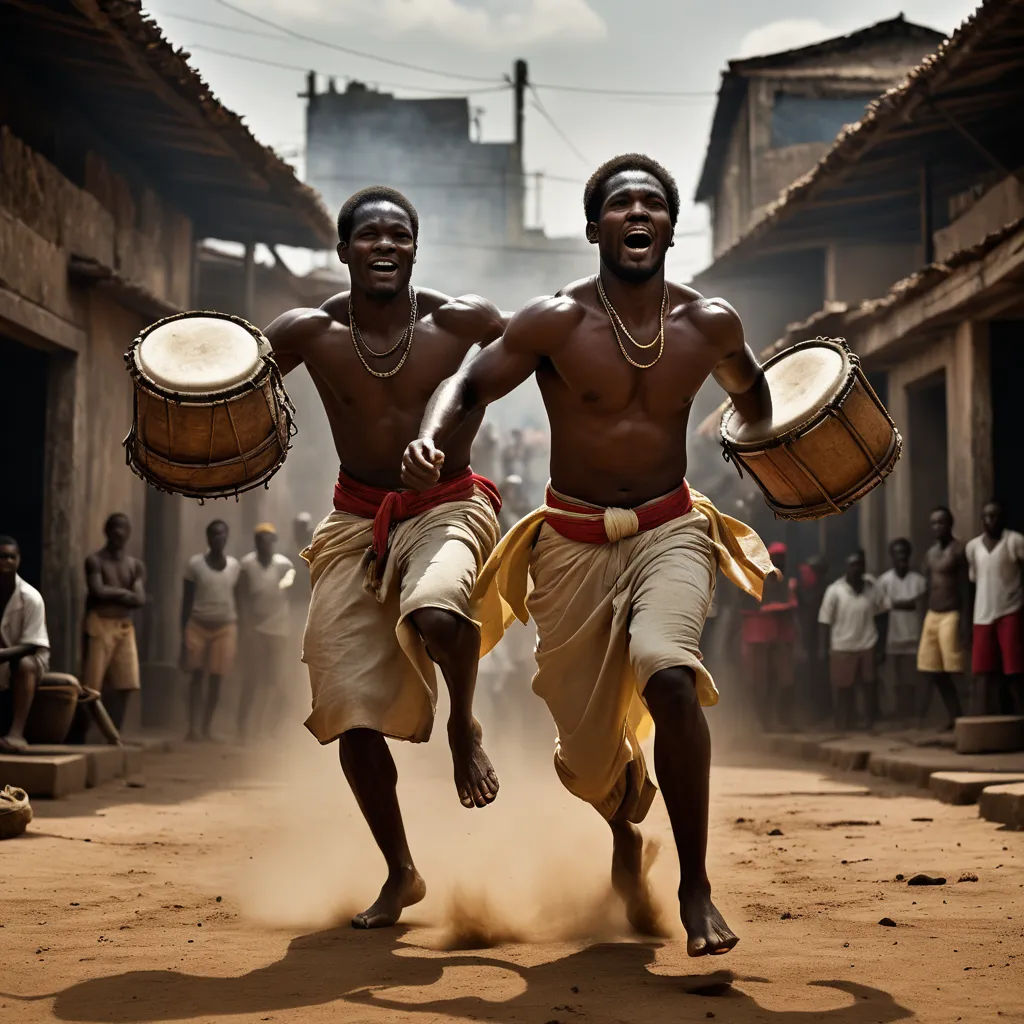 two men in traditional african clothing are dancing with drums in the street of a village in africa, with people in the background, black arts movement, a stock photo, Ella Guru, cinematic photography