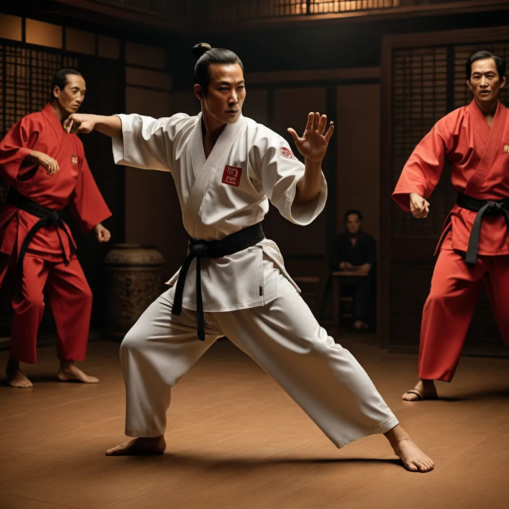 a man in a karate stance with others in the background watching him perform a karate trick in a dark room, dau-al-set, a character portrait, Baiōken Eishun, action scene
