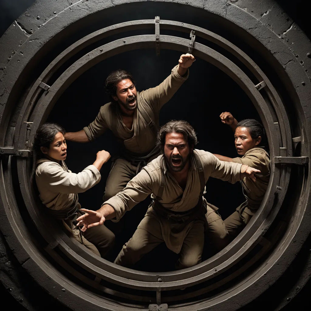 a group of people standing in a circle with one pointing at the camera and the other pointing at the camera, renaissance, a renaissance painting, Derek Chittock, promotional image