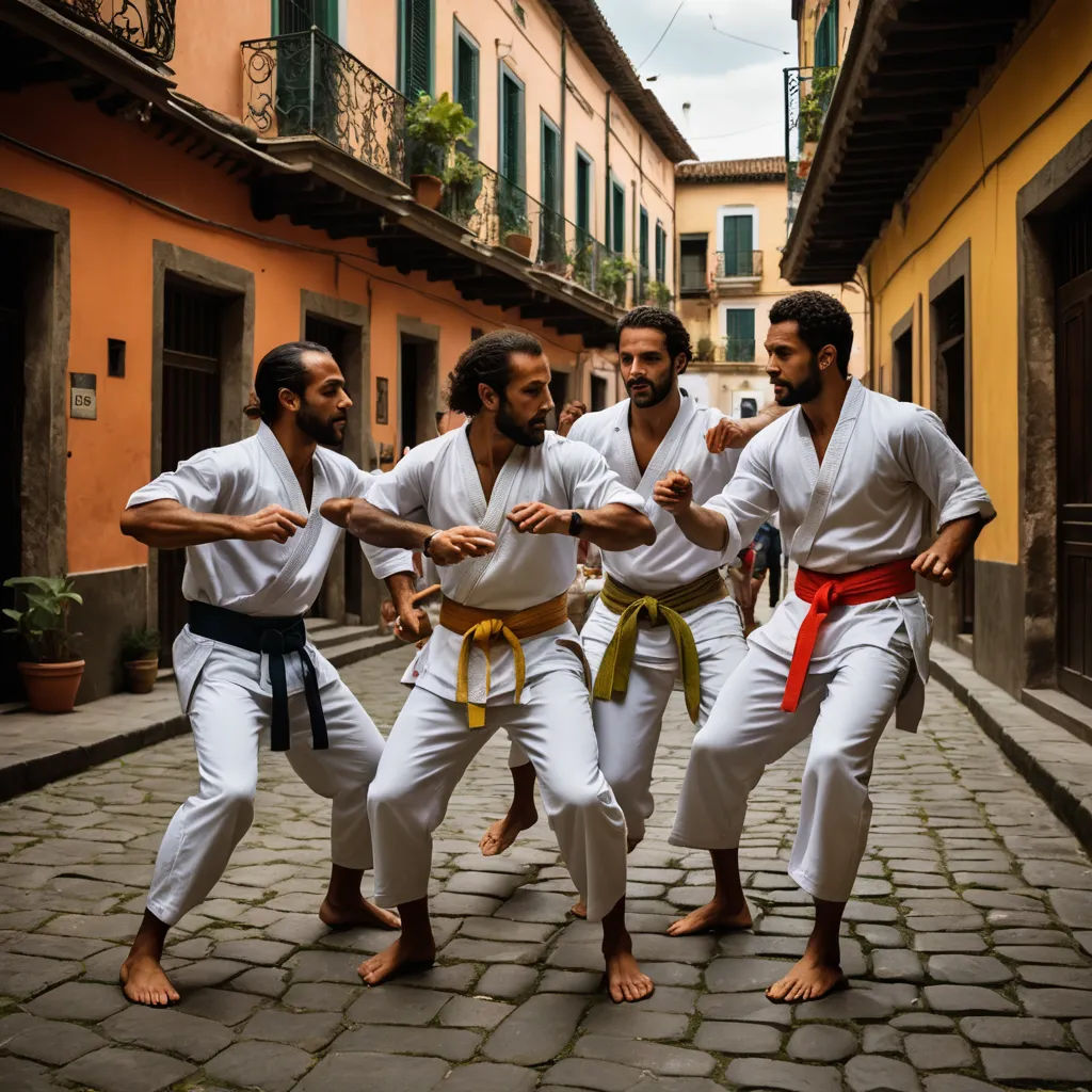 a group of men in white outfits doing karate moves on a cobblestone street in a city center, hurufiyya, a stock photo, Bouchta El Hayani, award - winning photography