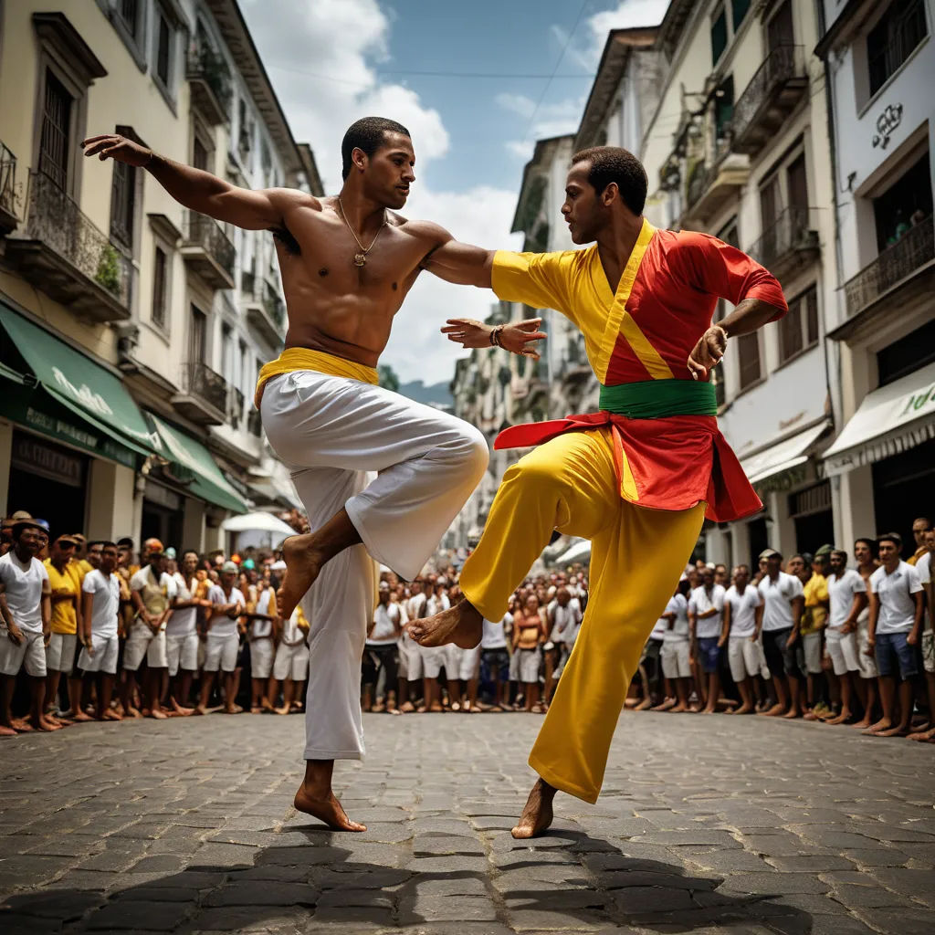 two men in yellow and red costumes are fighting in a street with a crowd of people in white shirts, arabesque, a tilt shift photo, Andrea Orcagna, cinematic photography