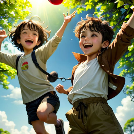 two children jumping in the air with a red ball in their hands and a tree in the background with leaves