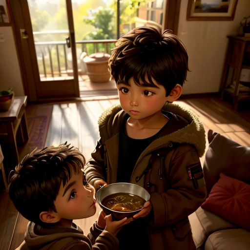 two children are eating soup in a bowl together in a living room with a door open to a deck