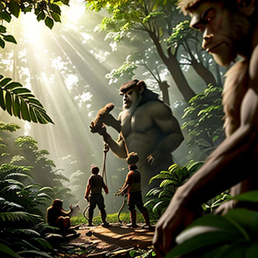 a group of people standing in the middle of a forest with a giant gorilla in the background and a man holding a hammer