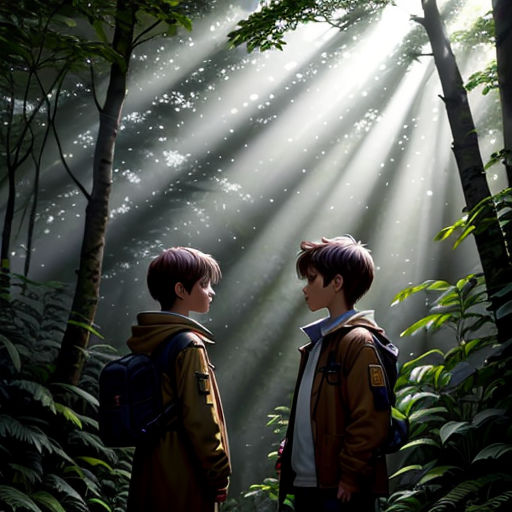 two boys standing in the woods with sunlight streaming through the trees and leaves on the ground, with a backpack on their shoulders