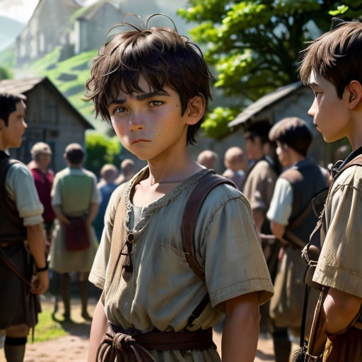 a group of people standing around a village in the woods with a man in a brown shirt and a boy in a brown shirt