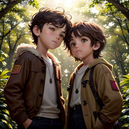 two children standing in the woods with trees in the background and sunlight shining through the trees behind them,