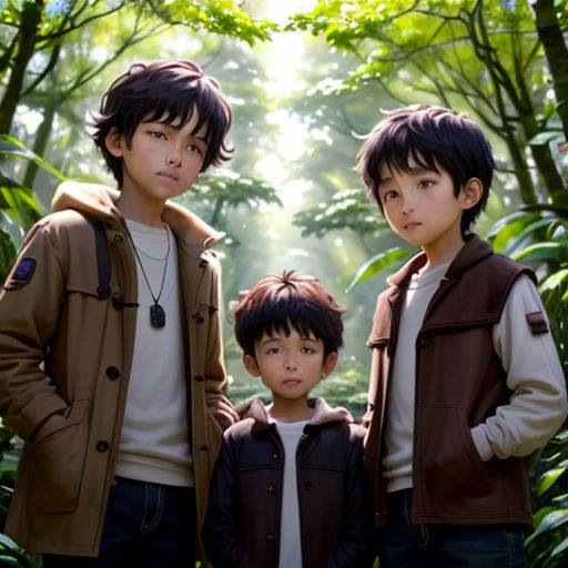 a couple of kids standing next to each other in front of a forest filled with trees and plants with a man standing next to them