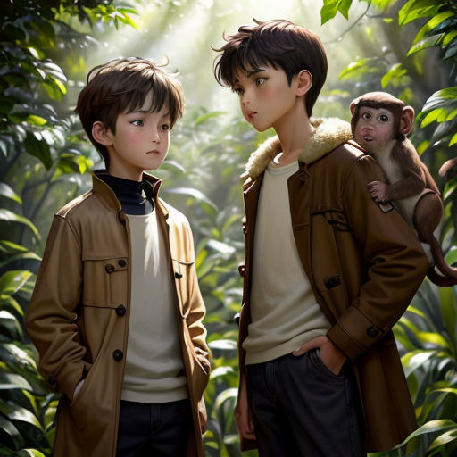 two boys standing in front of a monkey in a jungle with a monkey on his shoulder and another boy on his shoulder
