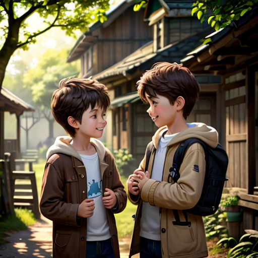 two young boys standing next to each other in front of a house with a tree in the background and a house with a fence