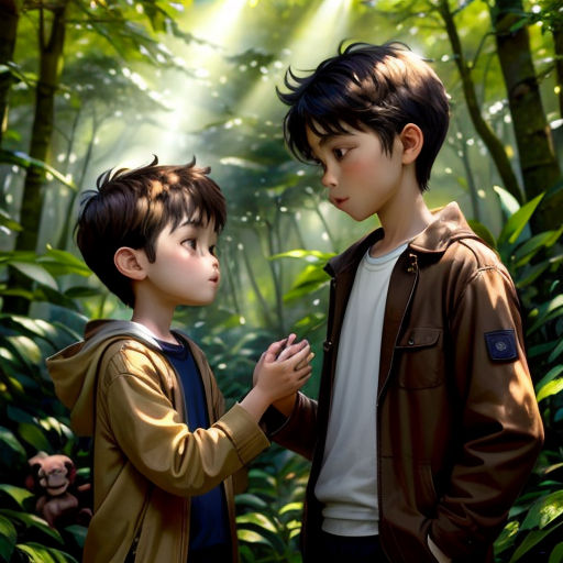 two children standing in a forest with a light shining on them and a monkey in the background, with a man holding a monkey's hand