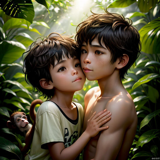 two children are standing in the jungle with a monkey on their shoulder and a monkey on his shoulder, and a monkey on his shoulder