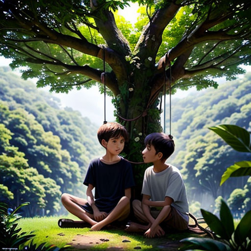 two boys sitting on the ground under a tree in the forest, one of them is looking at the other