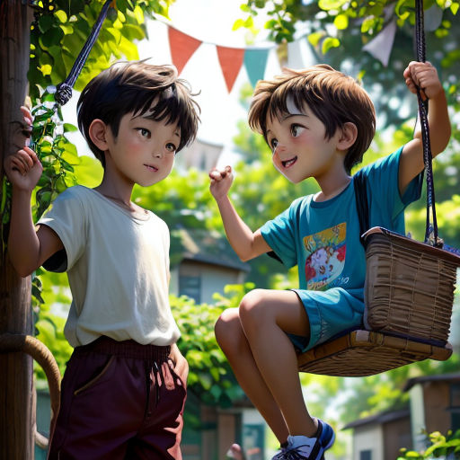 two young boys sitting on a swing in a park, one holding a basket and the other holding a basket
