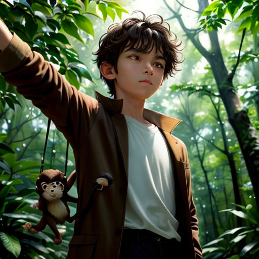 a boy holding a monkey in a forest with trees and foliage in the background, with a monkey hanging from a tree