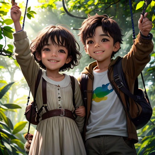 two children are standing in the jungle on swings and smiling at the camera, with the sunlight shining through the trees behind them