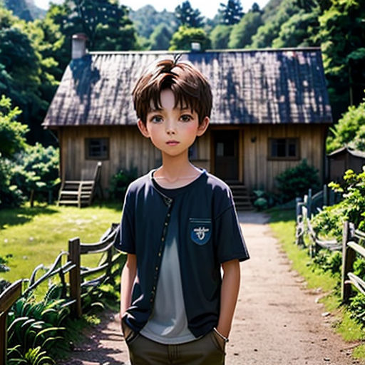 a young boy standing on a path in front of a house with a fence and a wooden fence post
