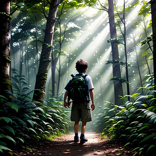 a man with a backpack is walking through a forest with sunlight streaming through the trees and leaves on the ground