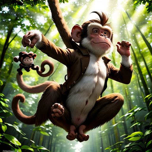 a monkey is hanging from a tree in the jungle with a monkey on his back and a monkey on his arm
