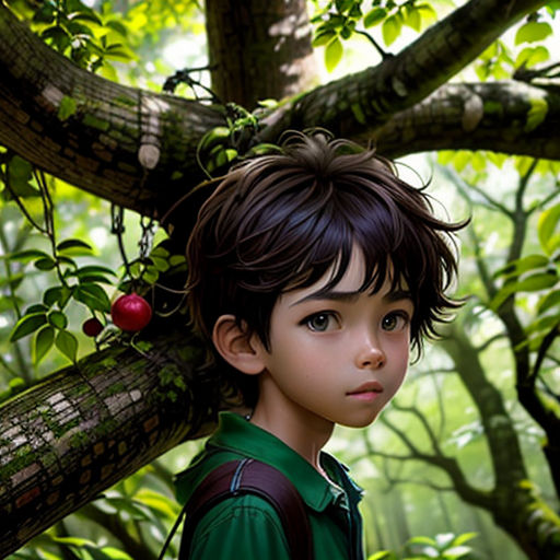 a young boy standing in a forest with a tree branch and a red apple on his head, with a green shirt on