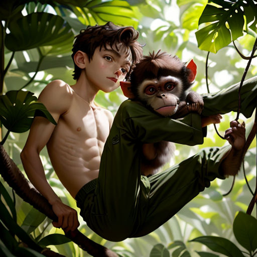 a man in a green suit holding a monkey in a jungle with leaves on the ground and a monkey on his back