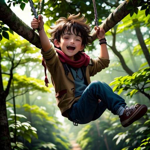 a boy is swinging on a rope in the forest with a smile on his face and a scarf around his neck
