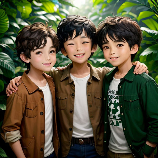 three boys are posing for a picture in front of a jungle background with leaves and plants in the foreground